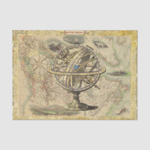 Vintage Map and Globe with Gold Ornate Frame Tissue Paper