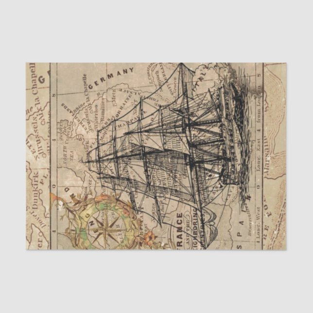Vintage Map and Ship Tissue Paper (Front)