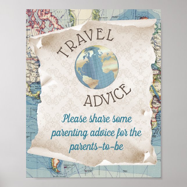Vintage Map Baby Shower Advice Card Table Sign (Front)