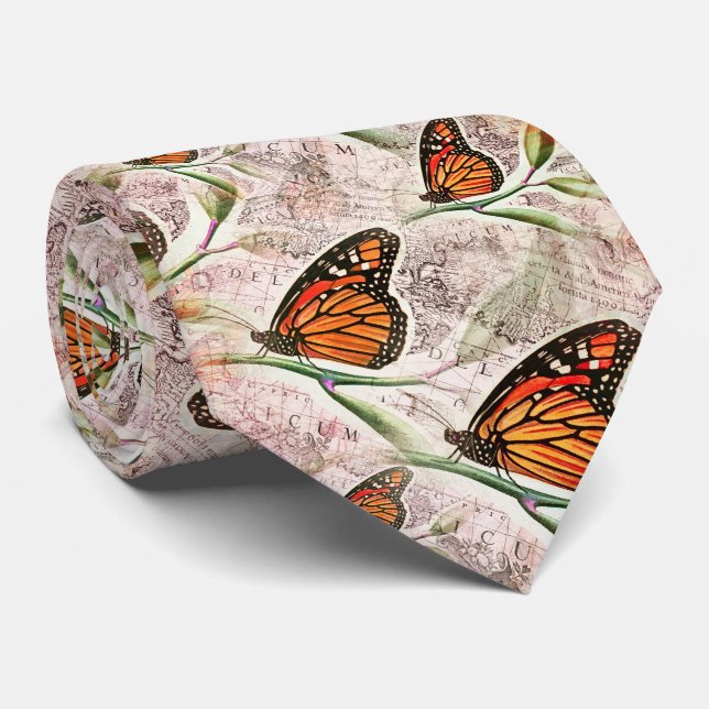 Vintage Map & Butterfly Necktie (Rolled)