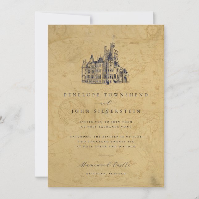 Vintage Map Castle Illustration Wedding Invitation (Front)