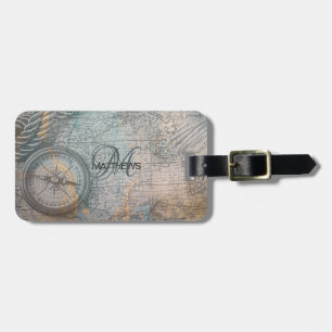 Vintage Map Compass Monogram Luggage Tag