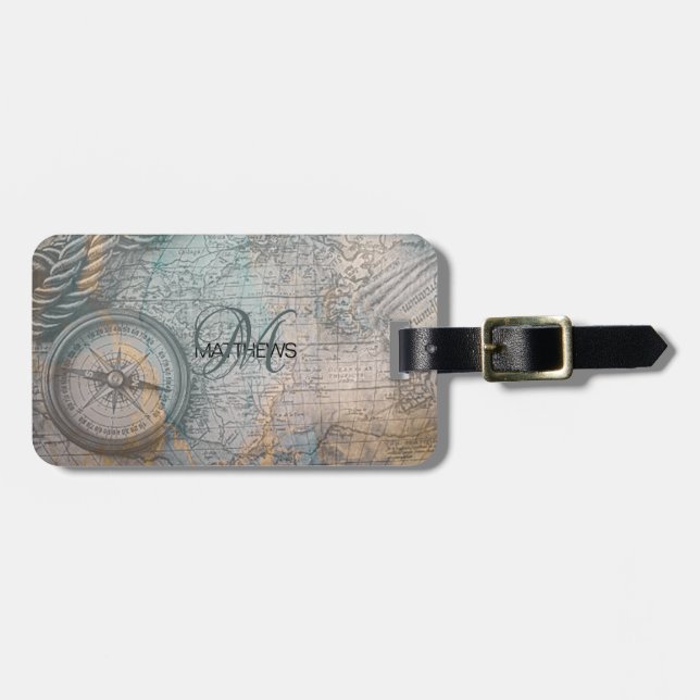 Vintage Map Compass Monogram  Luggage Tag (Front Horizontal)