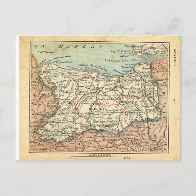 Vintage map France  Calvados Postcard (Front)