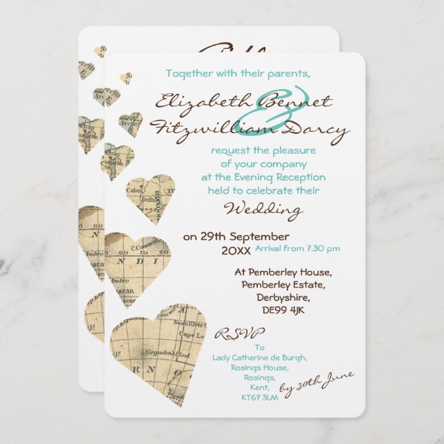 Vintage Map Hearts Evening Invitation (Front/Back)