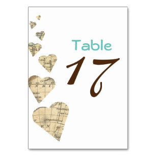 Vintage Map Hearts Table Number