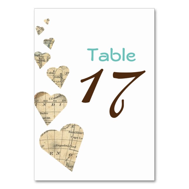 Vintage Map Hearts Table Number (Front)