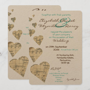 Vintage Map Hearts Wedding Invitation