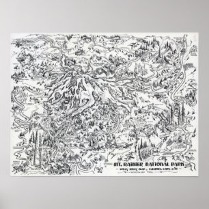 Vintage Map Mount Rainier Pictorial Travel Poster