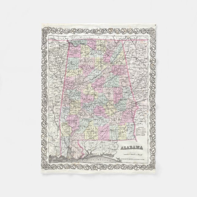 Vintage Map of Alabama (1855) Fleece Blanket (Front)