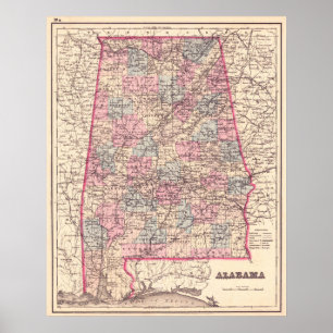 Vintage Map of Alabama Counties (1876) Poster
