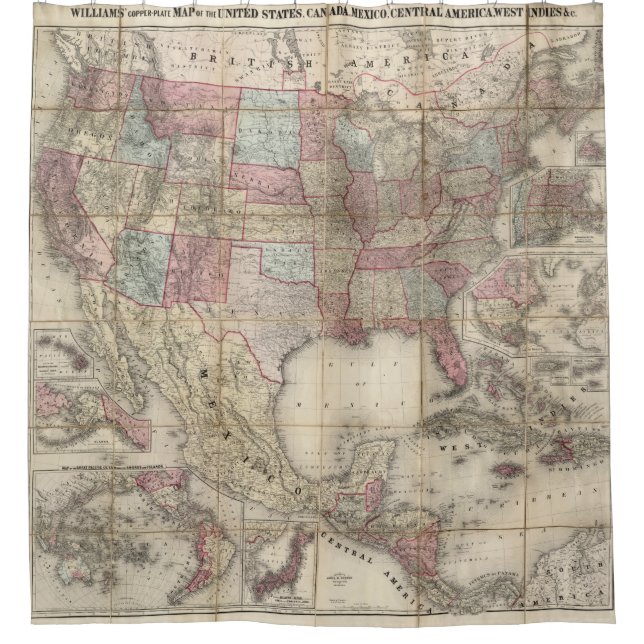 Vintage Map Of Americas Shower Curtain (Front)