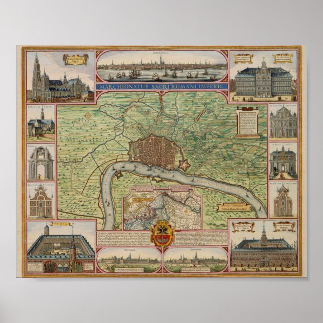 Vintage Map of Antwerp, Belgium Poster (Front)