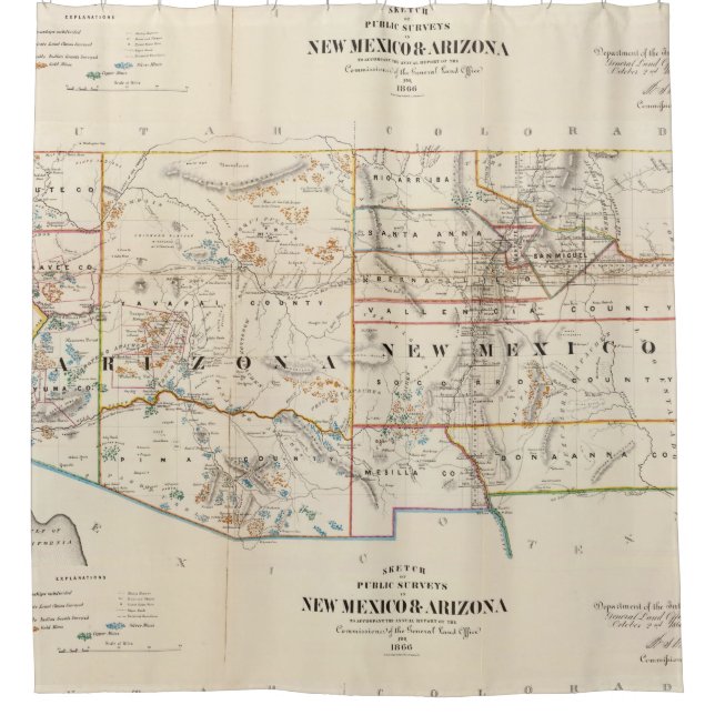 Vintage Map of Arizona and New Mexico (1866) Shower Curtain (Front)