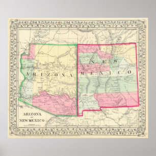 Vintage Map of Arizona and New Mexico (1867) Poster