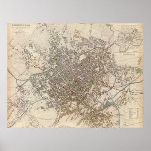 Vintage Map of Birmingham England (1839) Poster