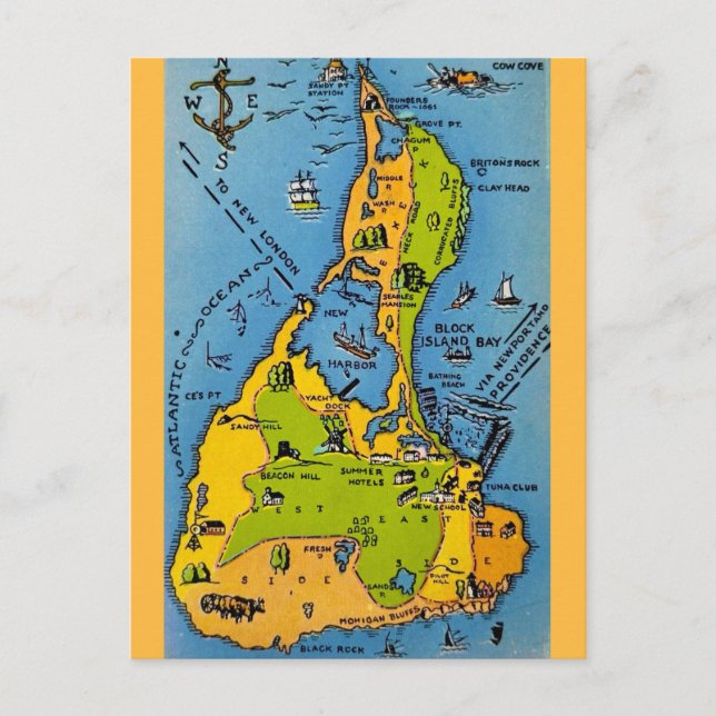 Vintage Map of Block Island  Postcard (Front)