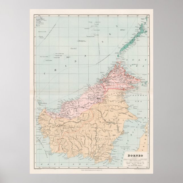 Vintage Map of Borneo Island (1904) Poster (Front)