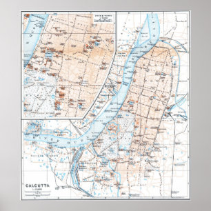 Vintage Map of Calcutta India (1914) Poster