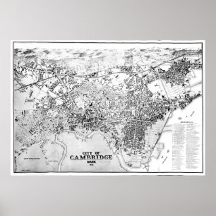 Vintage Map of Cambridge Massachusetts (1877) BW Poster