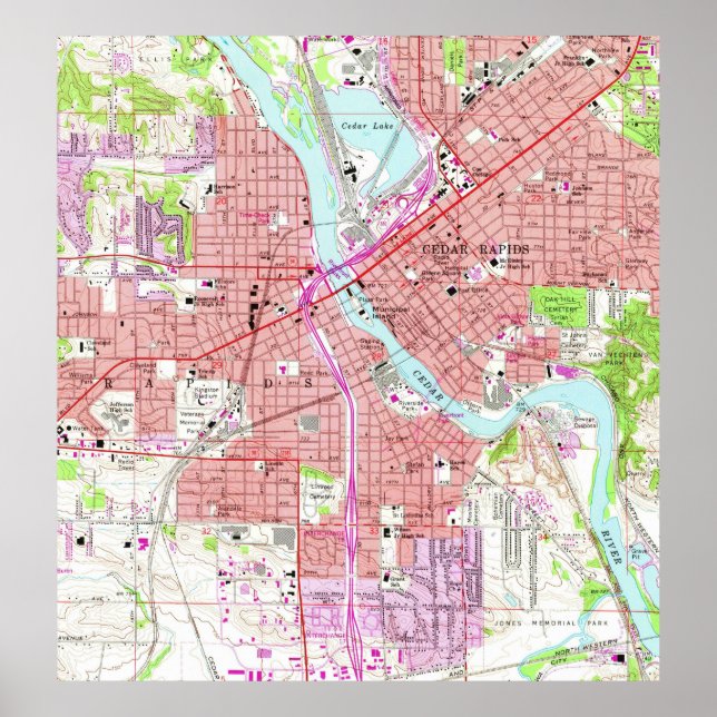 Vintage Map of Cedar Rapids Iowa (1967) Poster (Front)