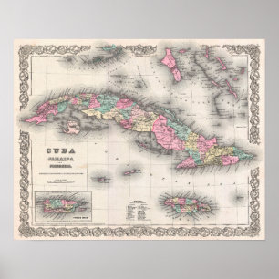 Vintage map of Cuba, Jamaica, Puerto Rico Poster