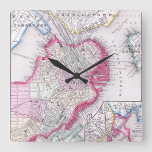 Vintage Map of Downtown Boston (1864) Square Wall Clock