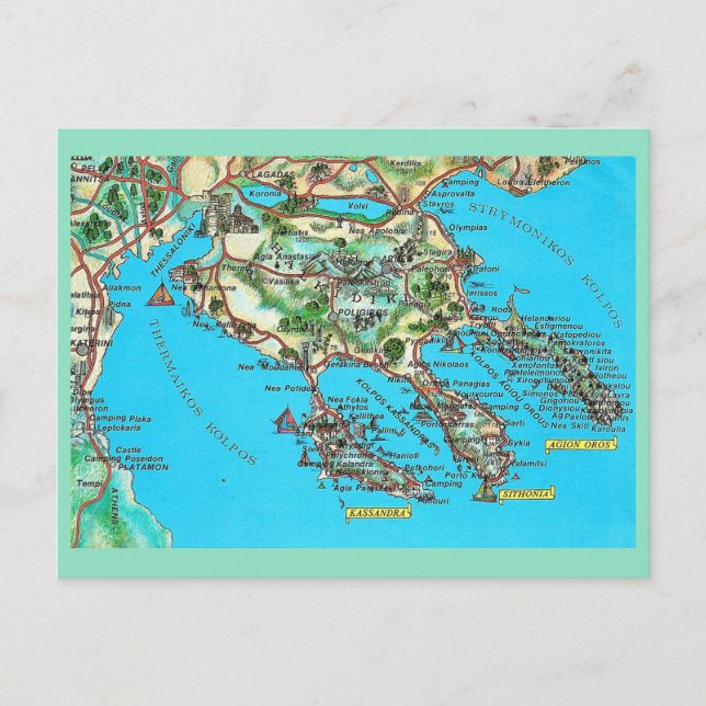Vintage Map of Halkidiki Greece Postcard (Front)