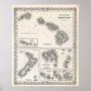 Vintage Map of Hawaii and New Zealand (1855) Poster