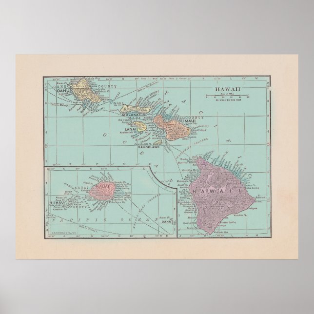 Vintage Map of Hawaii - colour version Poster (Front)