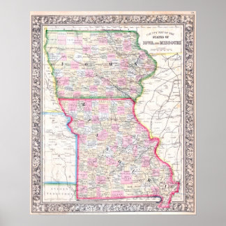 Vintage Map of Iowa & Missouri, 1864 Poster