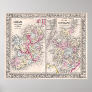 Vintage Map of Ireland and Scotland (1864) Poster