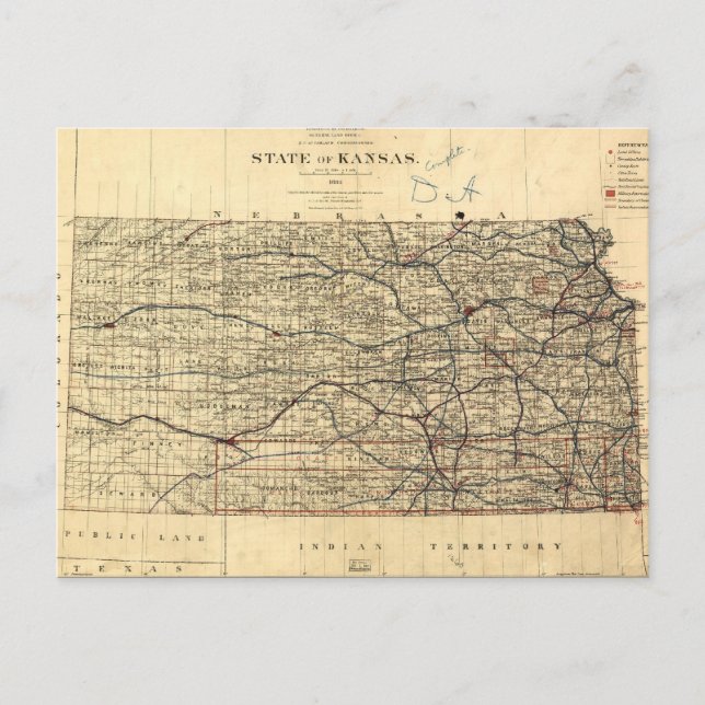 Vintage Map of Kansas (1884) Postcard (Front)