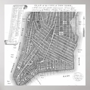 Vintage Map of Lower New York City (1807) BW Poster