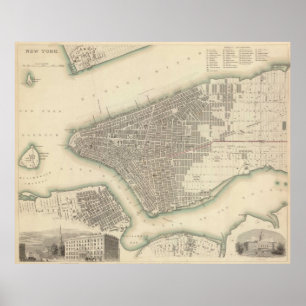 Vintage Map of Lower New York City (1840) Poster
