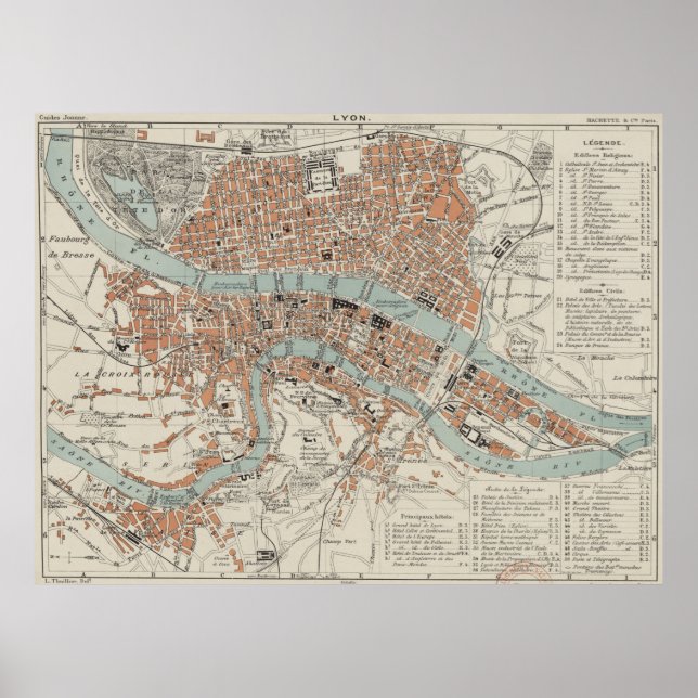 Vintage Map of Lyon France (1888) Poster (Front)