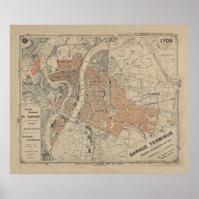 Vintage Map of Lyon France (1910) Poster (Front)