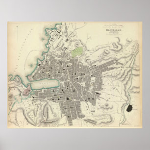 Vintage Map of Marseille France (1840) Poster