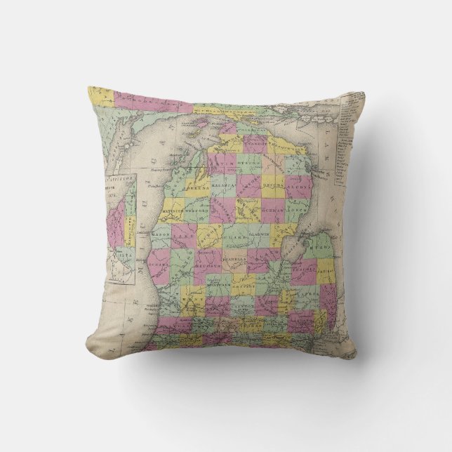 Vintage Map of Michigan (1853) Cushion (Front)
