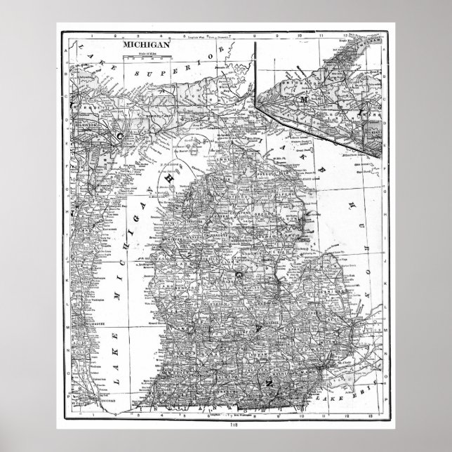 Vintage Map of Michigan (1909) BW Poster (Front)