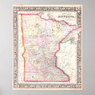 Vintage Map of Minnesota, 1864 Poster