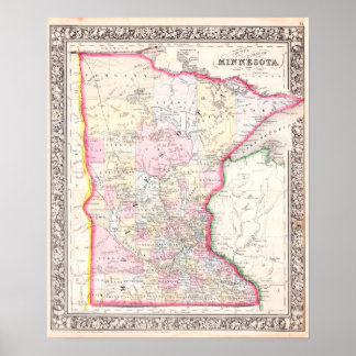 Vintage Map of Minnesota, 1864 Poster
