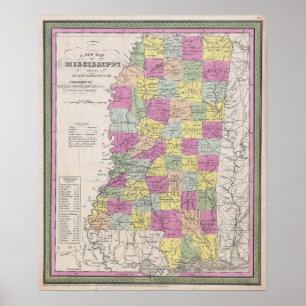 Vintage Map of Mississippi, 1853 Poster