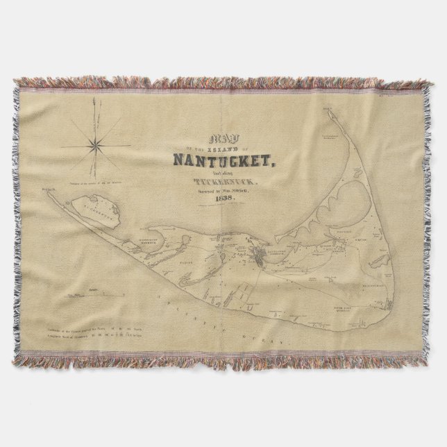 Vintage Map of Nantucket (1838) Throw Blanket (Front)