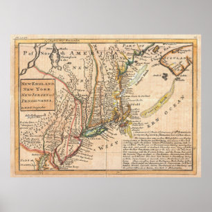 Vintage Map of New England (1729) Poster