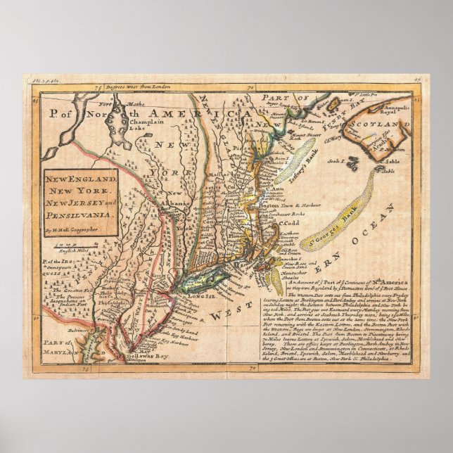Vintage Map of New England (1729) Poster (Front)