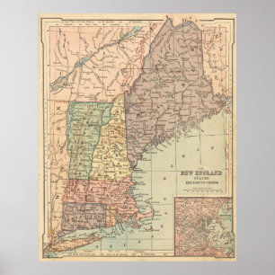 Vintage Map of New England (1880) Poster