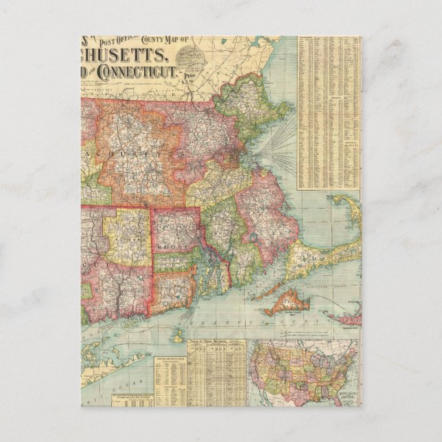 Vintage Map of New England States (1900) Postcard (Front)