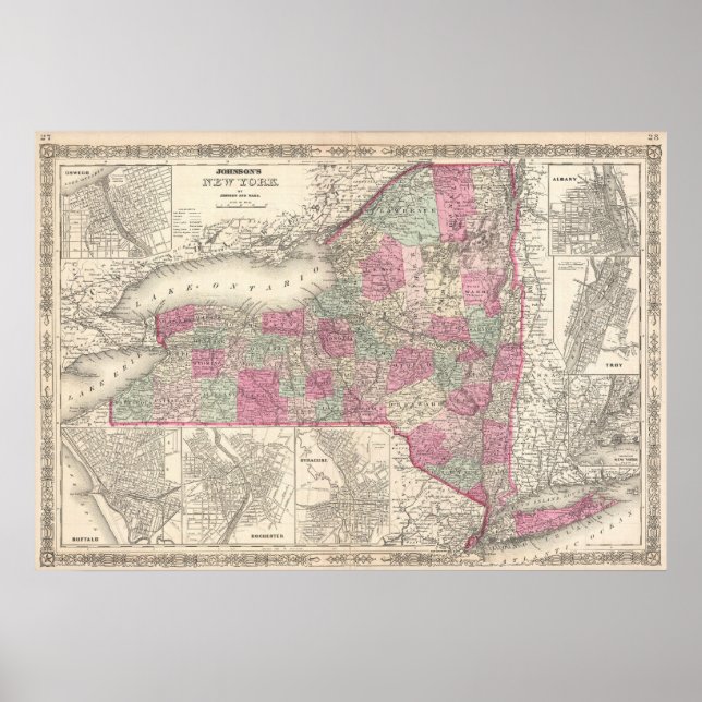 Vintage Map of New York (1864) Poster (Front)