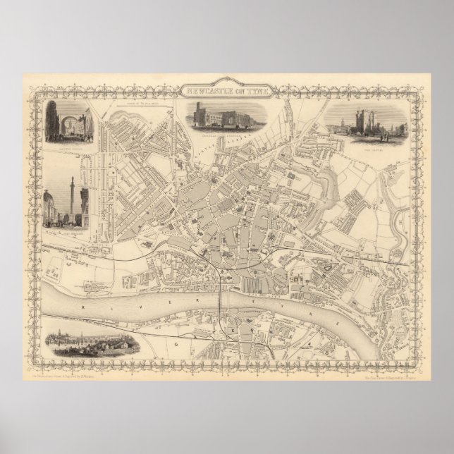 Vintage Map of Newcastle England (1851) Poster (Front)